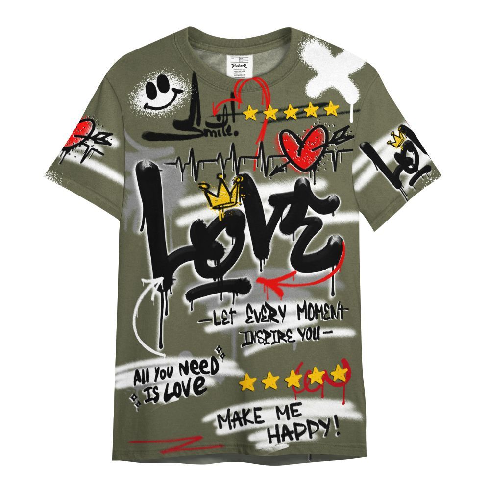 Shirt To Match Low OG Medium Olive 1s - Happy Love Beats Graffiti Streetwear All Over Print