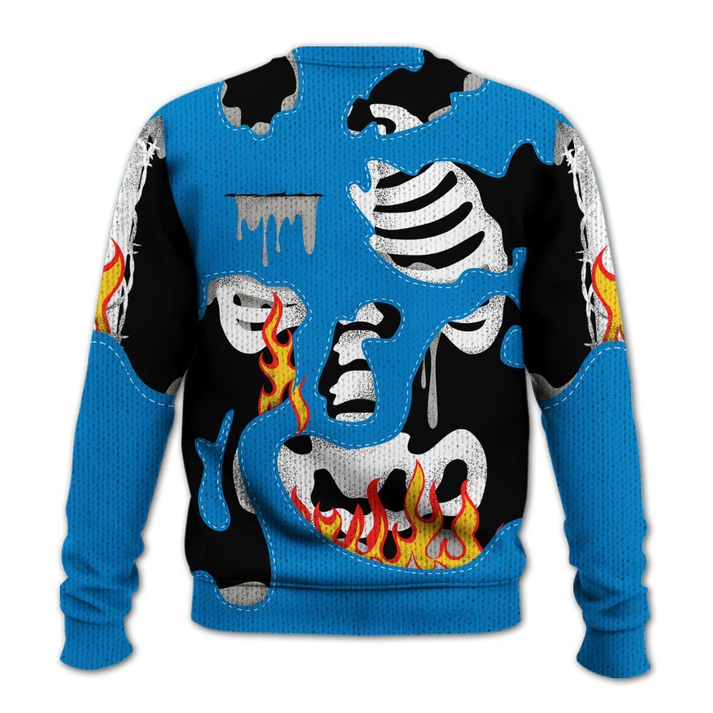 Knitted Sweater To Match Industrial Blue 4s - Skeleton Smile Flame Drip Military Blue 4s