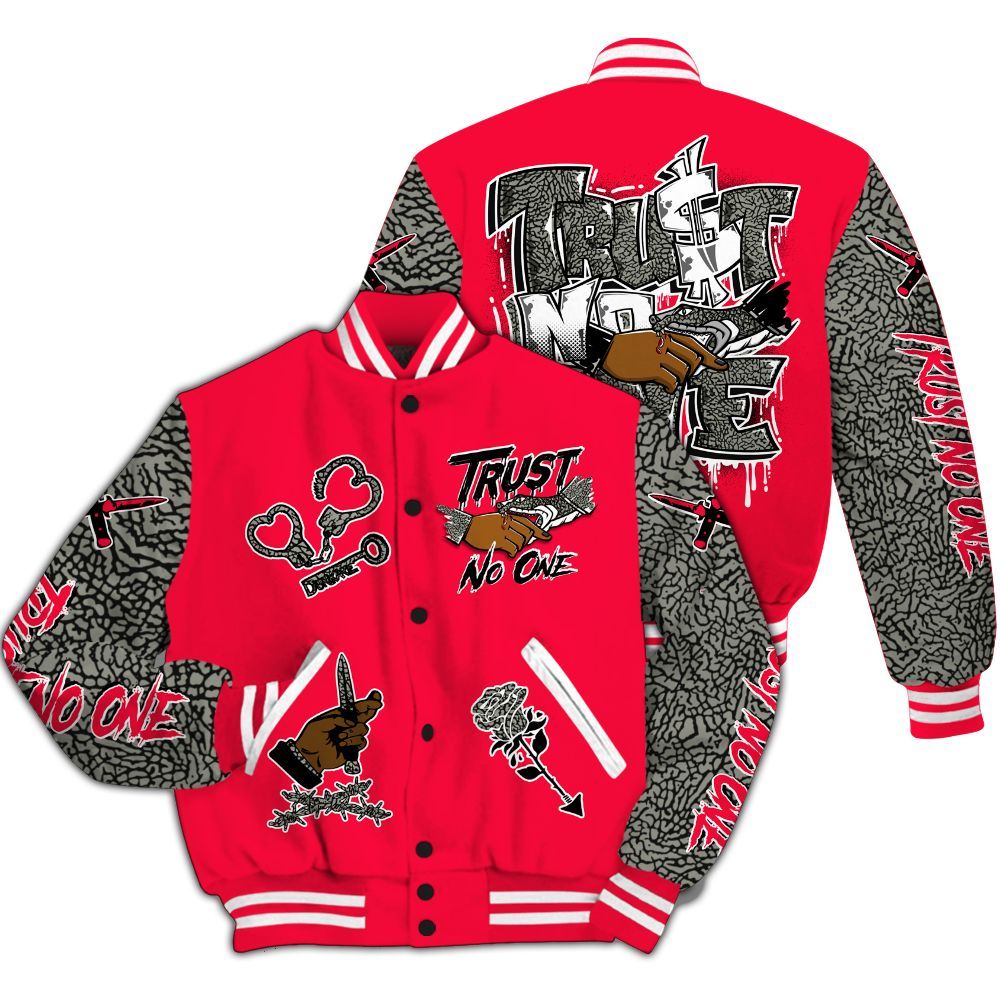 Varsity Jacket To Match Retro Fire Red 3s - Trust No One Dripping All Over Print