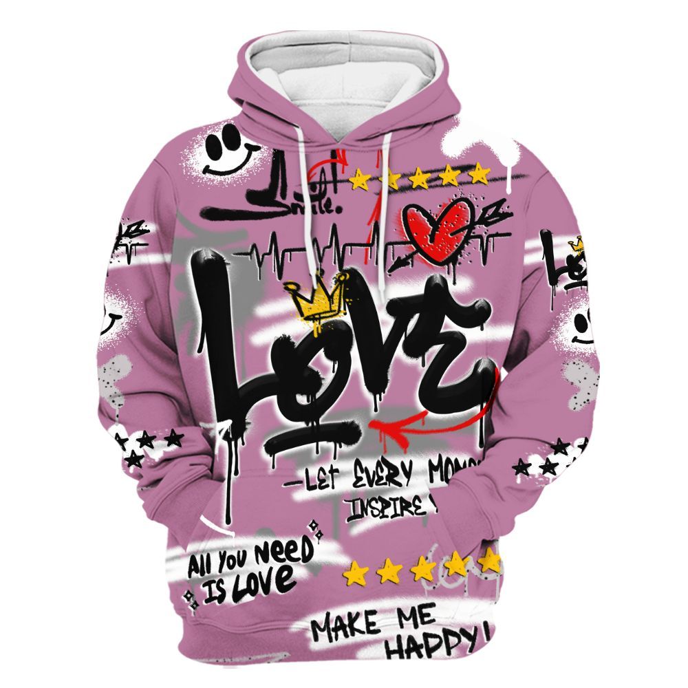 Hoodie To Match Neutral Grey Black White Orchid 4s - Happy Love Beats Graffiti Streetwear All Over Print
