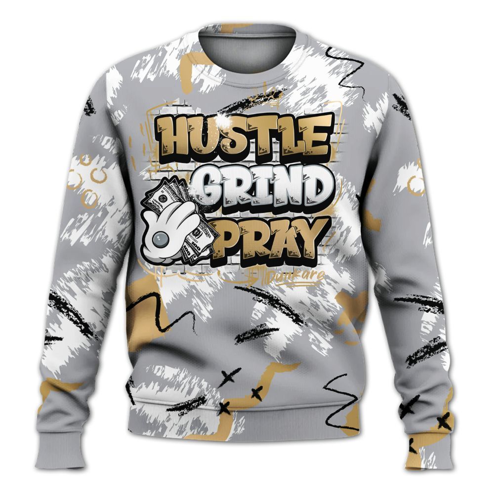 Sweatshirt To Match Retro High OG Cool Grey 1s - Hustle Grind Pray Graphic Street Style All Over Print