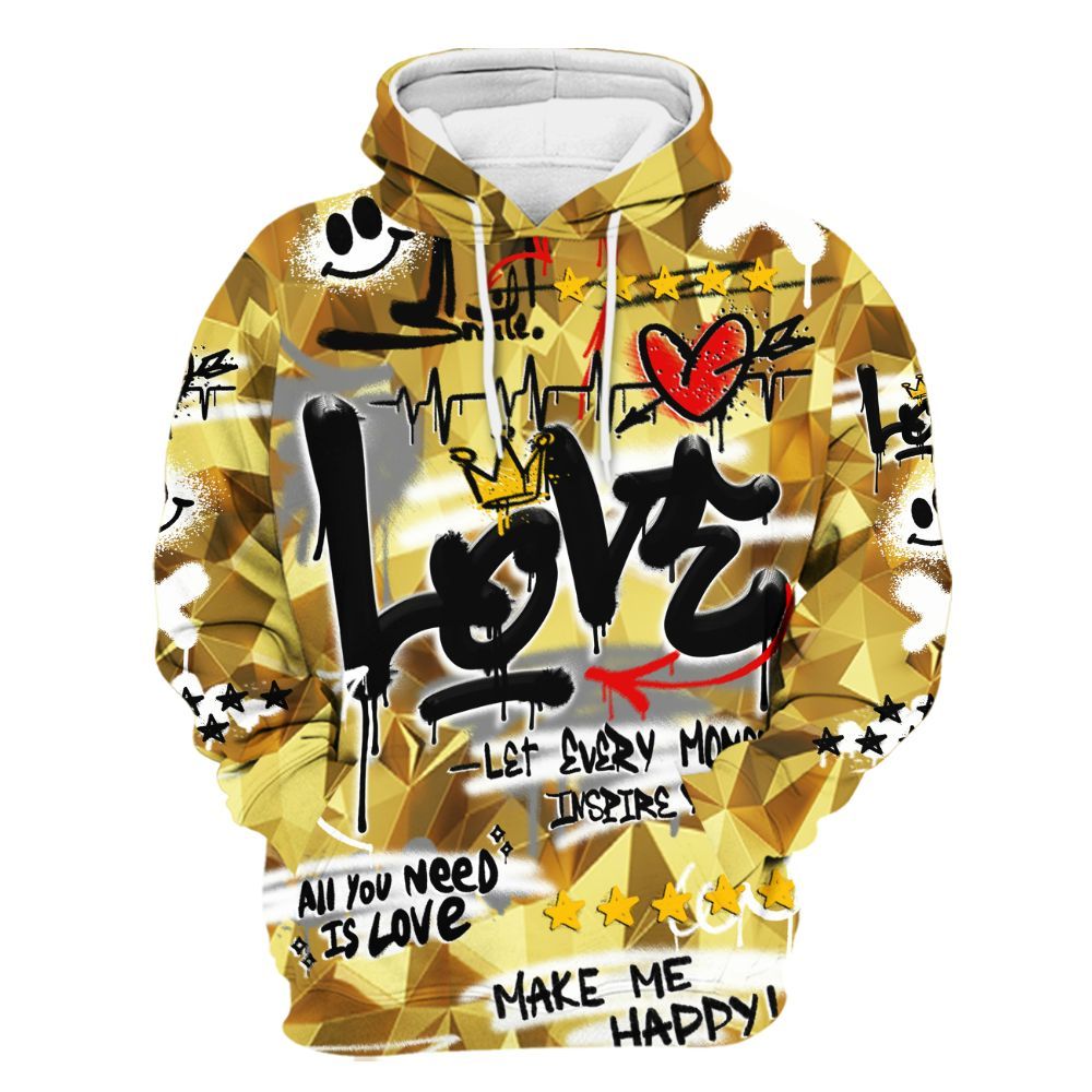 Hoodie To Match NET Gold 4s - Happy Love Beats Graffiti Streetwear All Over Print
