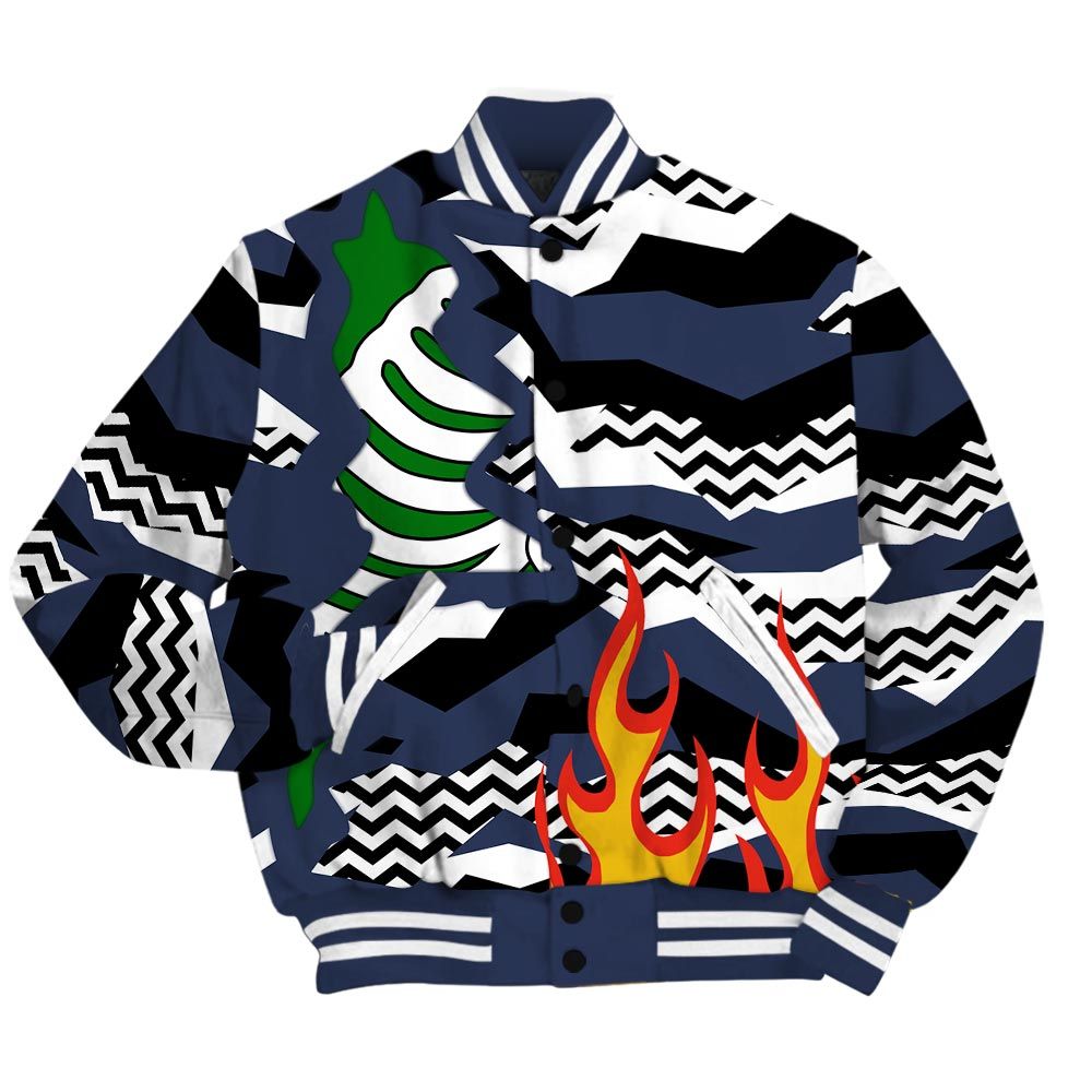 Varsity Jacket To Match Midnight Navy 13s - Retro Geometric Camouflage Flame Baseball Varsity Jacket Outfit