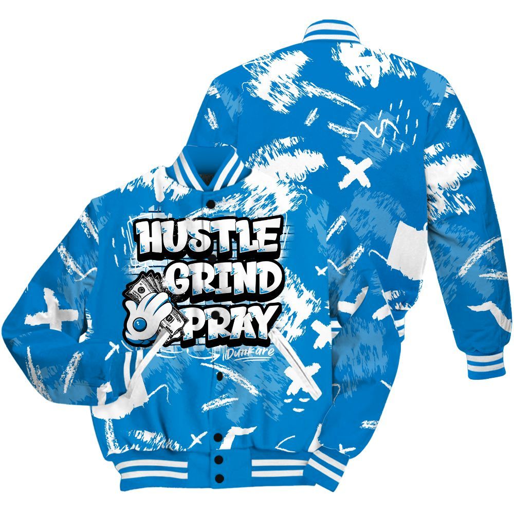 Varsity Jacket To Match Industrial Blue 4s - Hustle Grind Pray Retro Military Blue 4s Outfit All Over Print