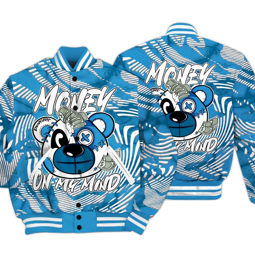 Varsity Jacket To Match Powder Blue 9s - Money On My Mind Bear Fume Varsity Jacket Unisex