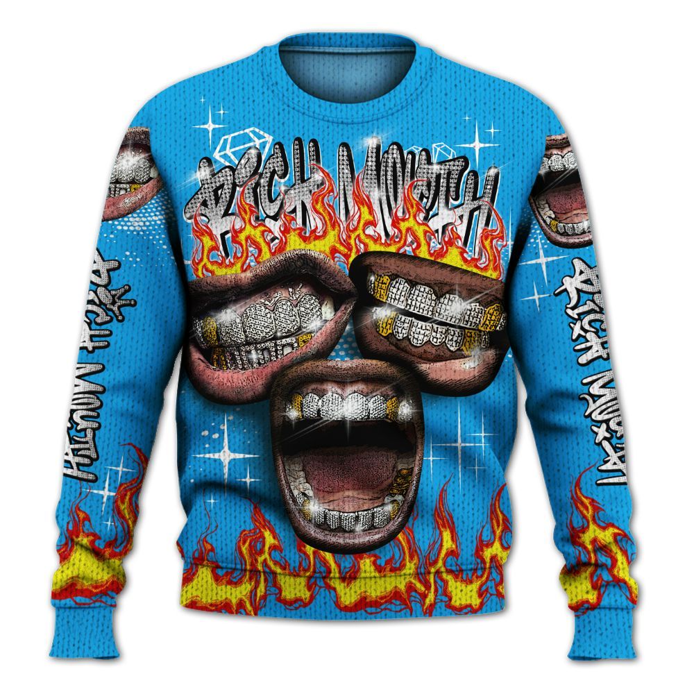 Knitted Sweater To Match Black University Blue 2022 13s - Rich Mouth Fire Rap Retro 90s