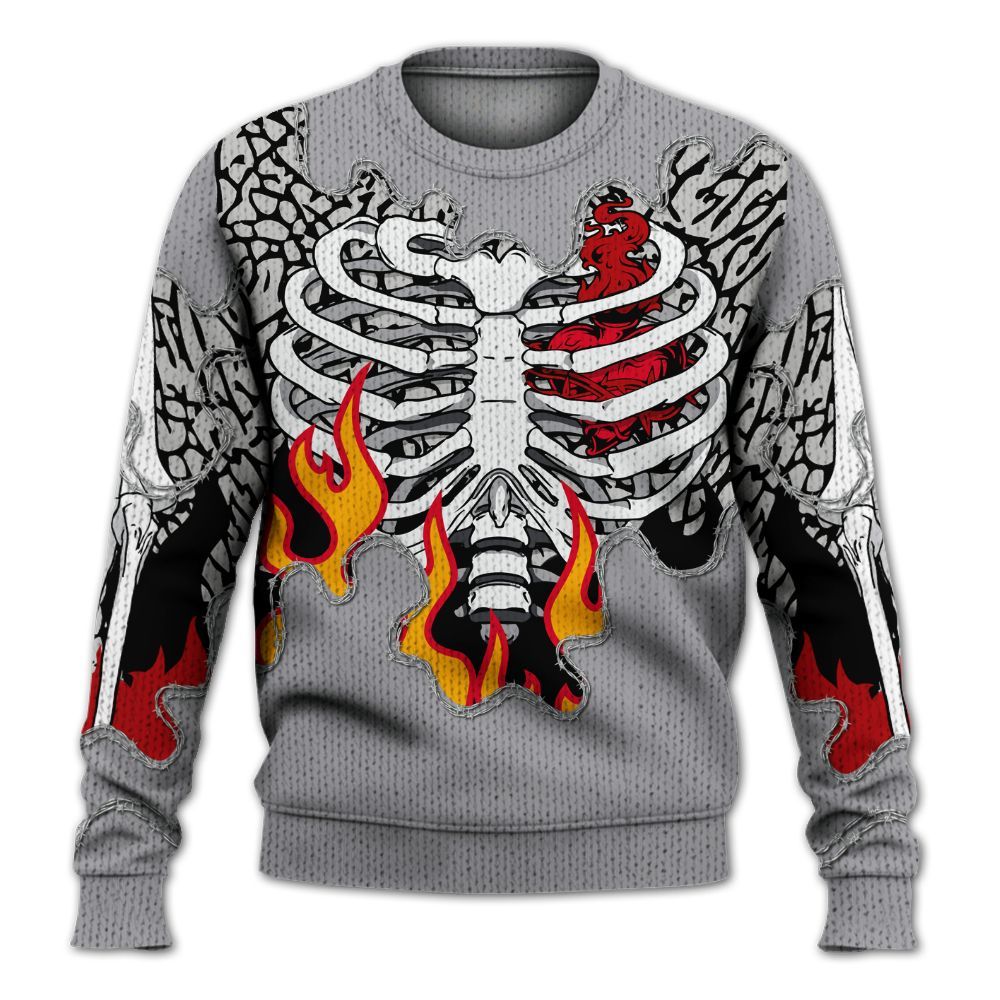 Knitted Sweater To Match Cement Grey 3s - Skeleton Heart On Fire