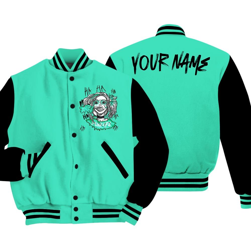 Varsity Jacket To Match Varsity Streetwear Custom Name Bad Girl HAHA, 3 Green Glow T-Shirt, Sneaker Black Green Glow 3s Baseball Varsity Jacket 1604 NCT