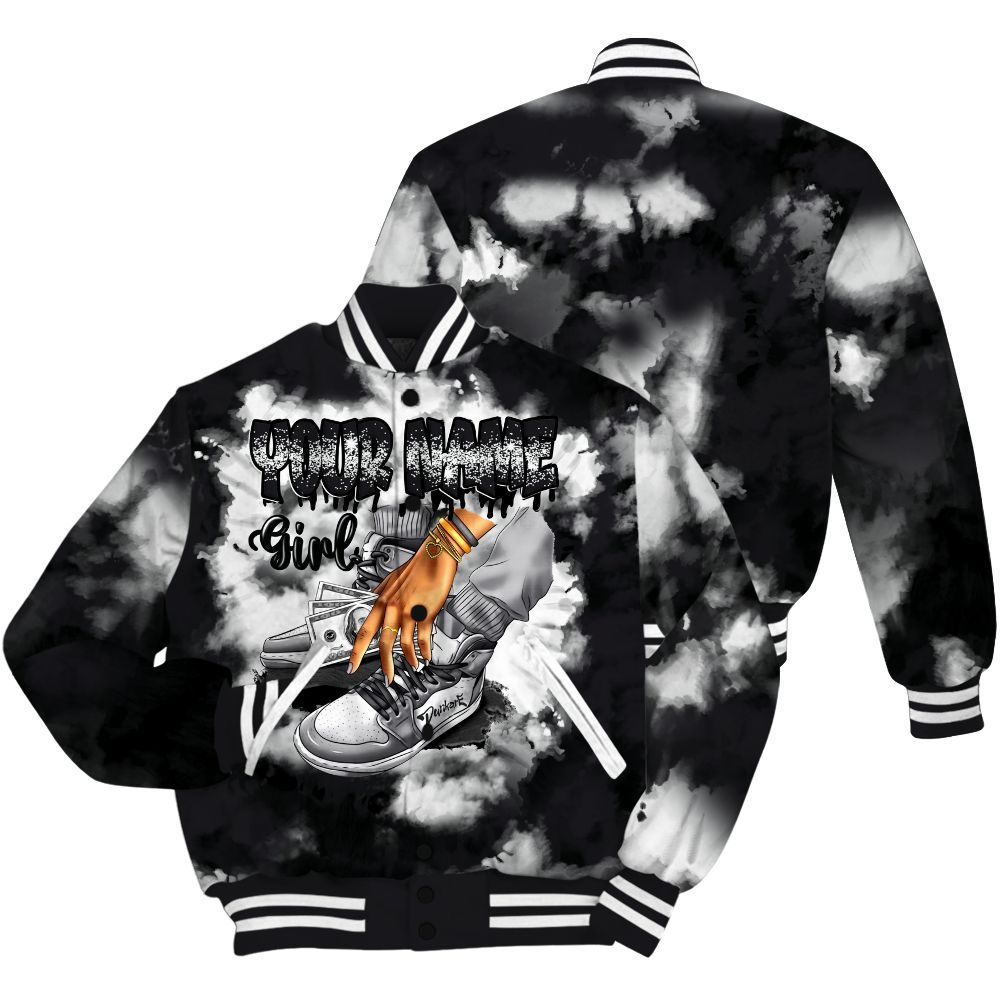 Varsity Jacket To Match White Thunder 4s - Custom Name SNEAKER Girl Money Drip Tie Dye All Over Print