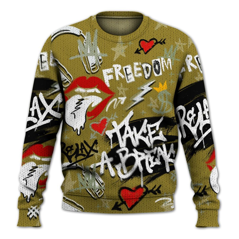 Knitted Sweater To Match Air Flightposite Metallic Gold - Take Break Freedom Graffiti Streetwear