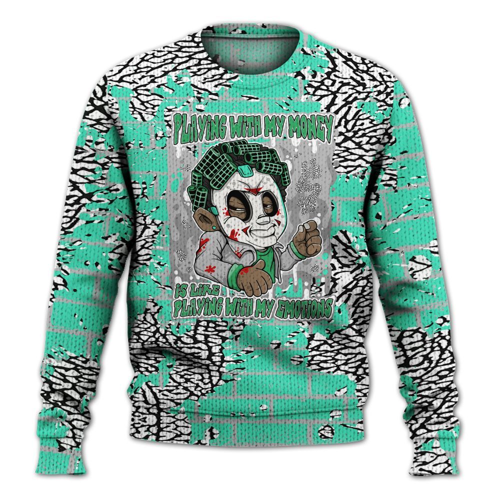 Knitted Sweater To Match Black Green Glow 3s - Playing With My Money Graphic Halloween