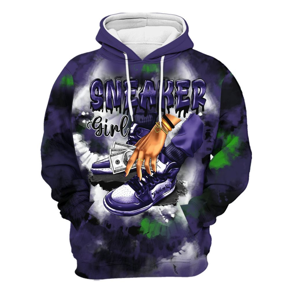 Hoodie To Match Retro Court Purple 13s - SNEAKER Girl Money Drip Tie Dye All Over Print
