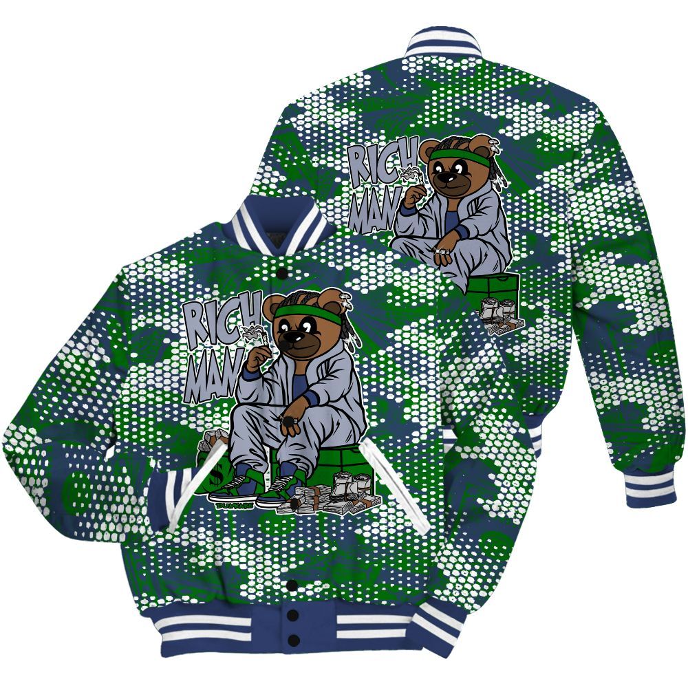 Varsity Jacket To Match Midnight Navy 13s Shirt - Rich Man Bear Banknotes Art All Over Print