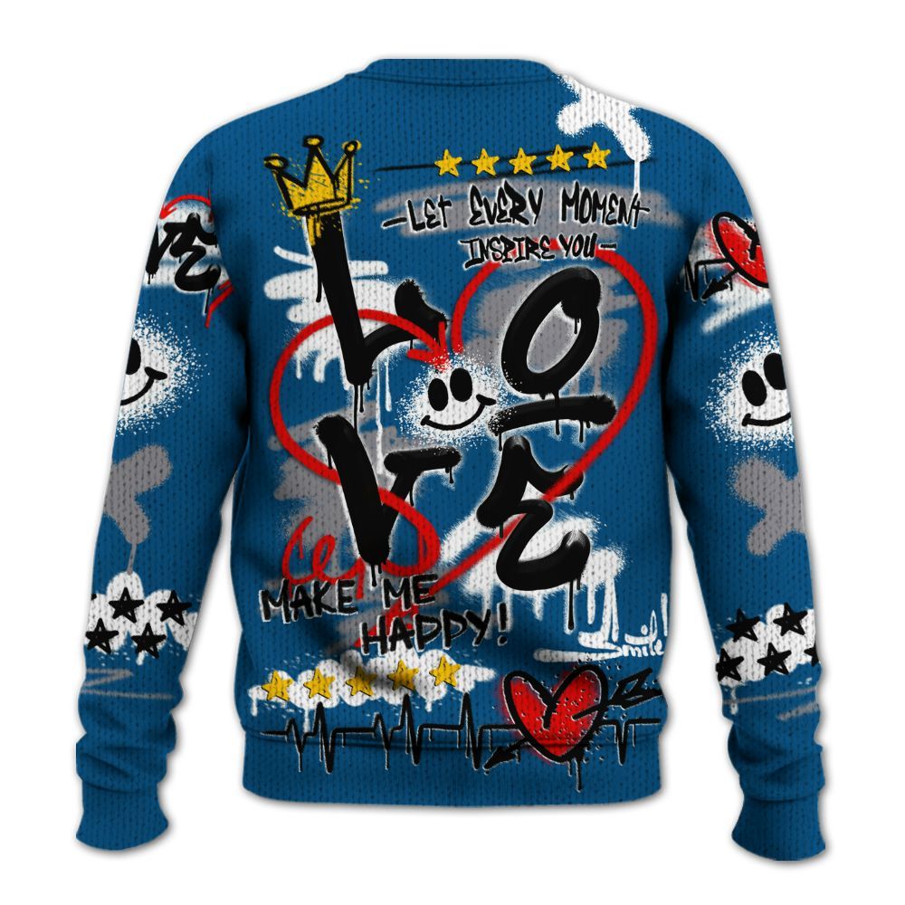 Knitted Sweater To Match High OG True Blue 1s - Happy Love Beats Graffiti Streetwear