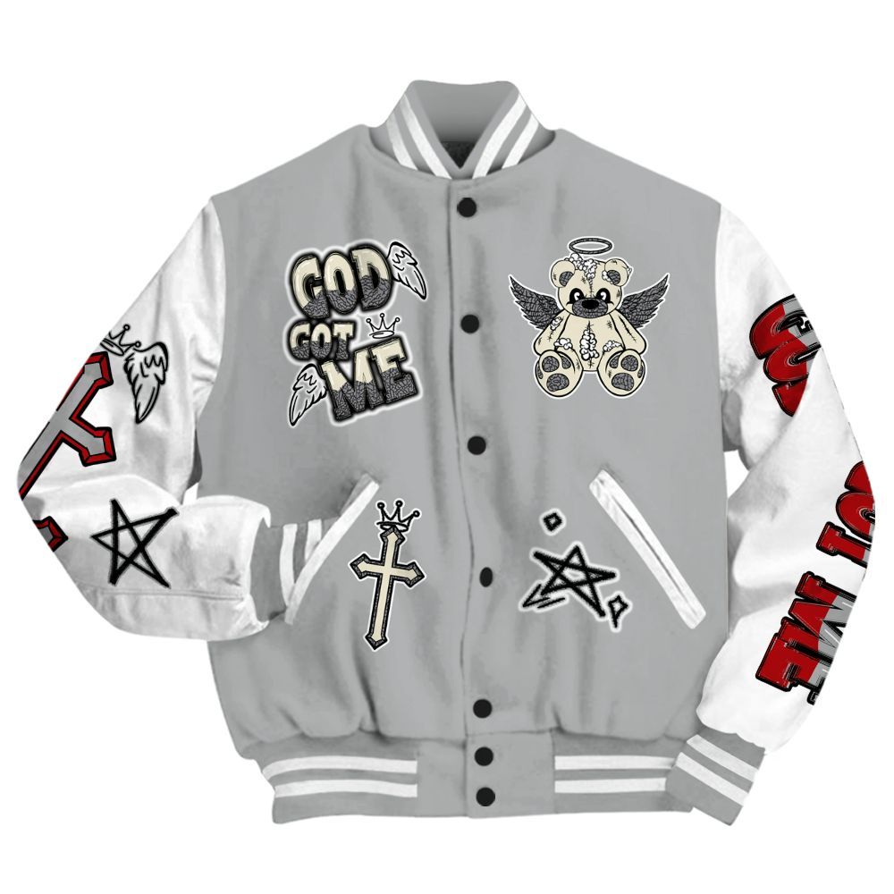 Varsity Jacket To Match Cement Grey 3s - Gods Guides Me Bear All Over Print