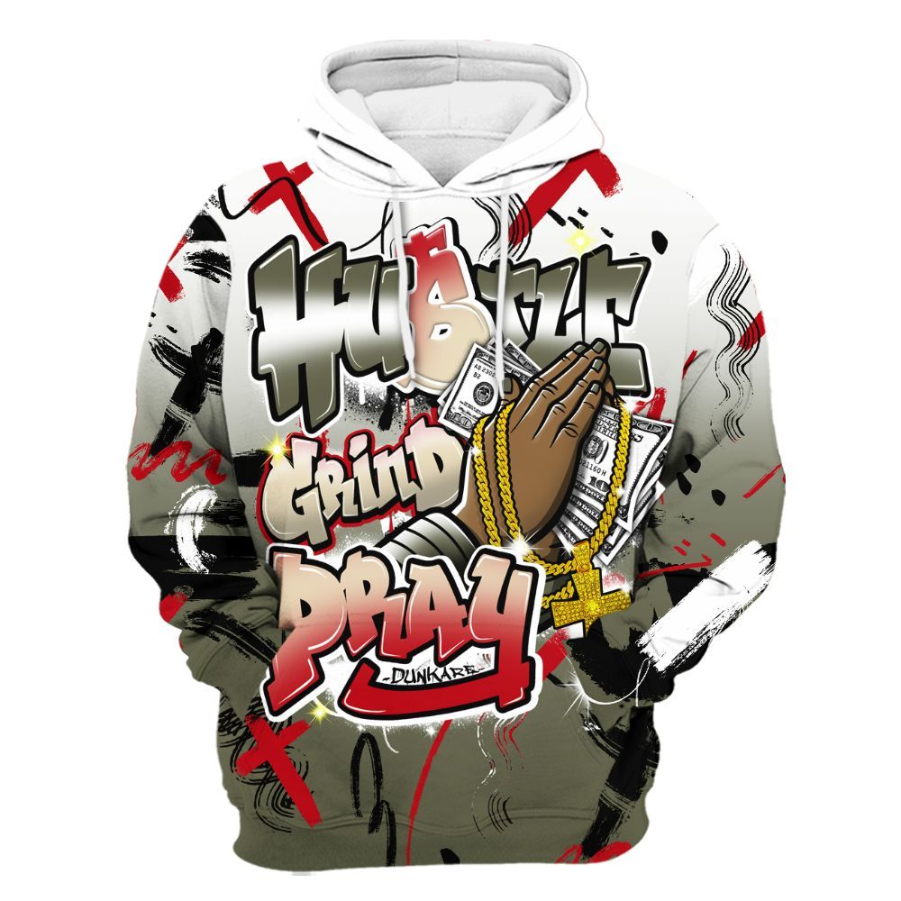 Hoodie To Match Low OG Medium Olive 1s - Money Hustle Grind Pray All Over Print