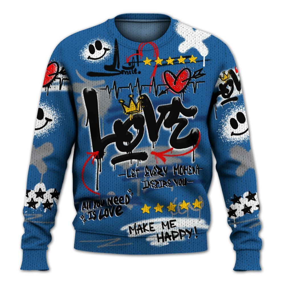 Knitted Sweater To Match French Blue 13s - Happy Love Beats Graffiti Streetwear