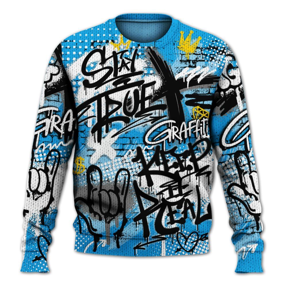 Knitted Sweater To Match Black University Blue 2022 13s - True It Real Graffiti Streetwear