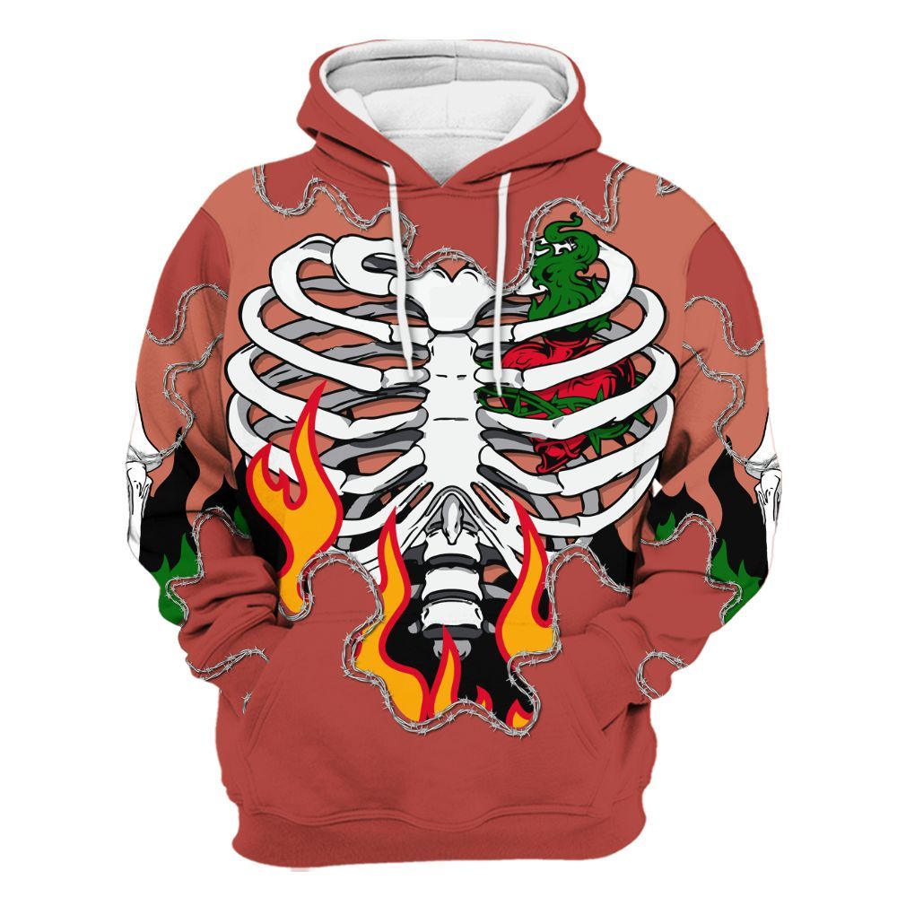 Hoodie To Match Dune Red 13s - Skeleton Heart On Fire All Over Print