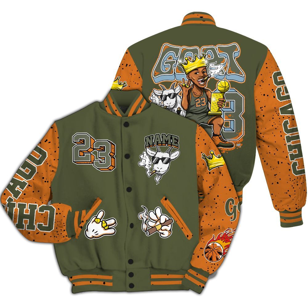 Varsity Jacket To Match Olive 5s - G.O.A.T Number 23 Custom Name All Over Print
