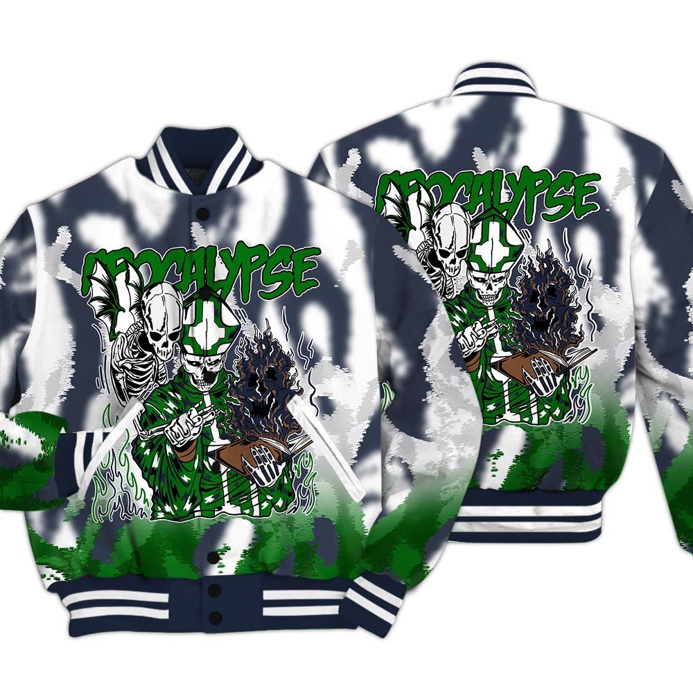 Varsity Jacket To Match Midnight Navy 13s - Apocalypse Skeleton Burn Varsity Jacket Unisex