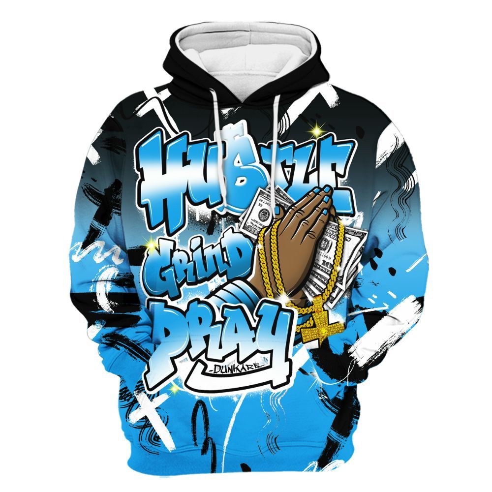 Hoodie To Match Black University Blue 2022 13s - Money Hustle Grind Pray All Over Print