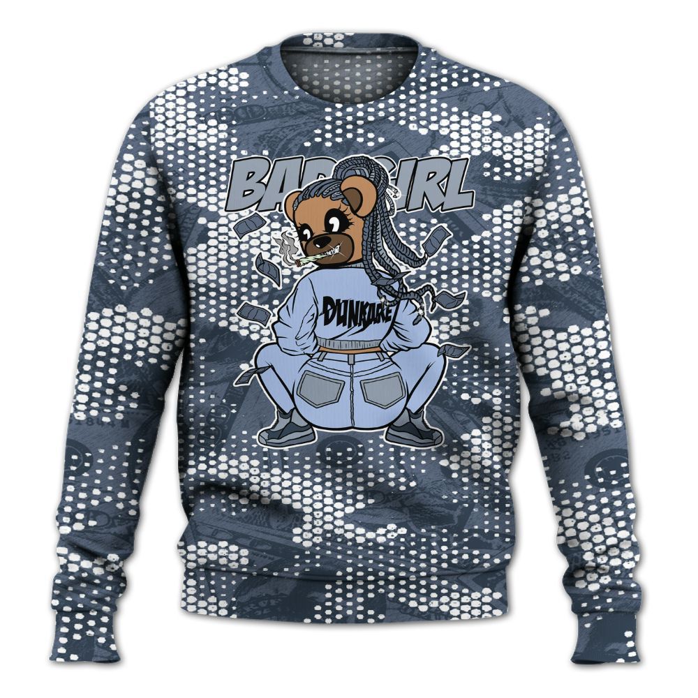 Sweatshirt To Match Low Diffused Blue 11s - Rebellious Girl Bear Banknotes Art All Over Print
