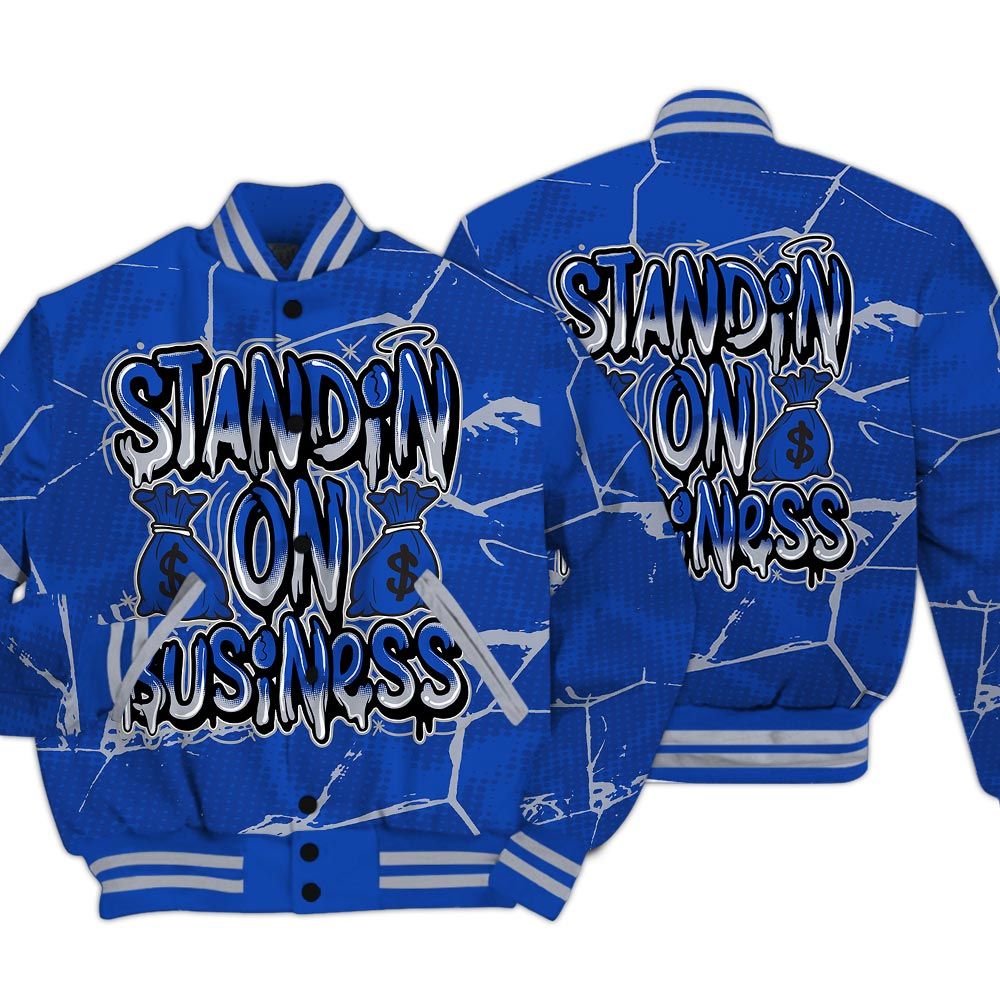 Varsity Jacket To Match Air Foamposite One Royal - Standin' Business White Graphic Crack Varsity Jacket Unisex