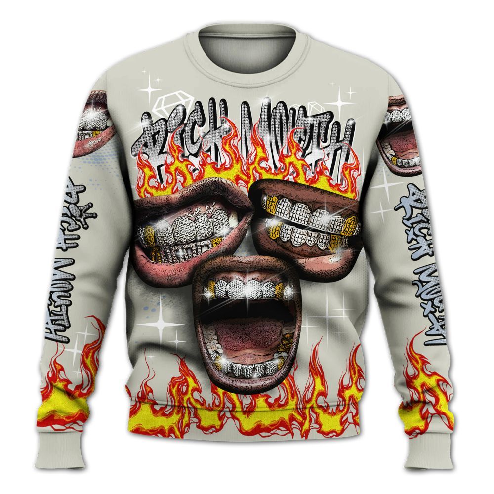 Sweatshirt To Match Low OG Wolf Grey 1s - Rich Mouth Fire Rap Retro 90s All Over Print