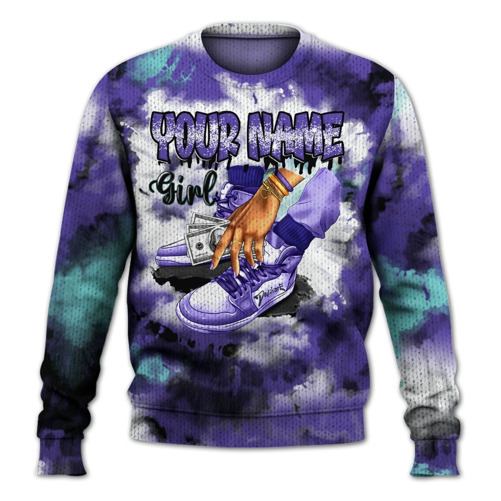 Knitted Sweater To Match Low Hornets 1s - Custom Name SNEAKER Girl Money Drip Tie Dye
