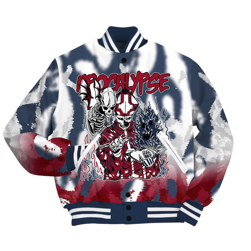 Varsity Jacket To Match Navy Blue 2024 6s - Apocalypse Skeleton Burn Varsity Jacket Unisex