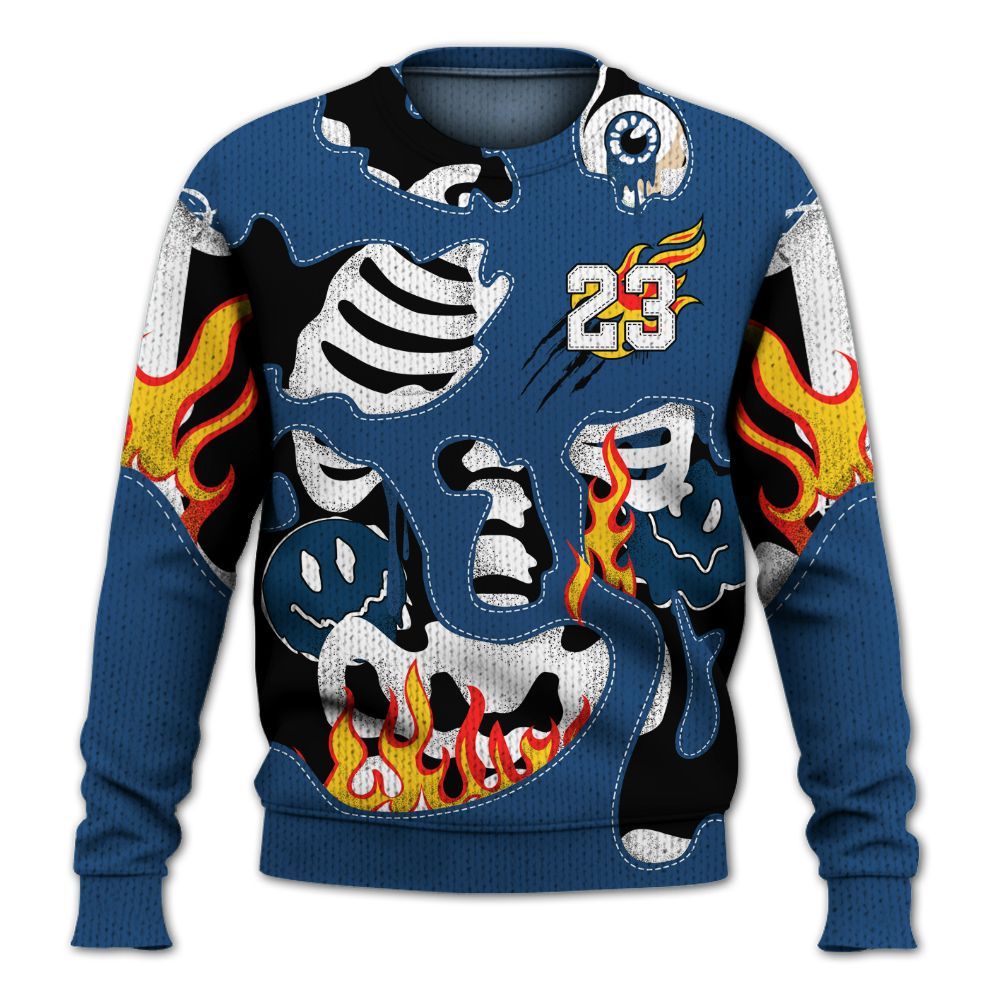 Knitted Sweater To Match High OG Midnight Navy 1s - Skeleton Smile Flame Drip
