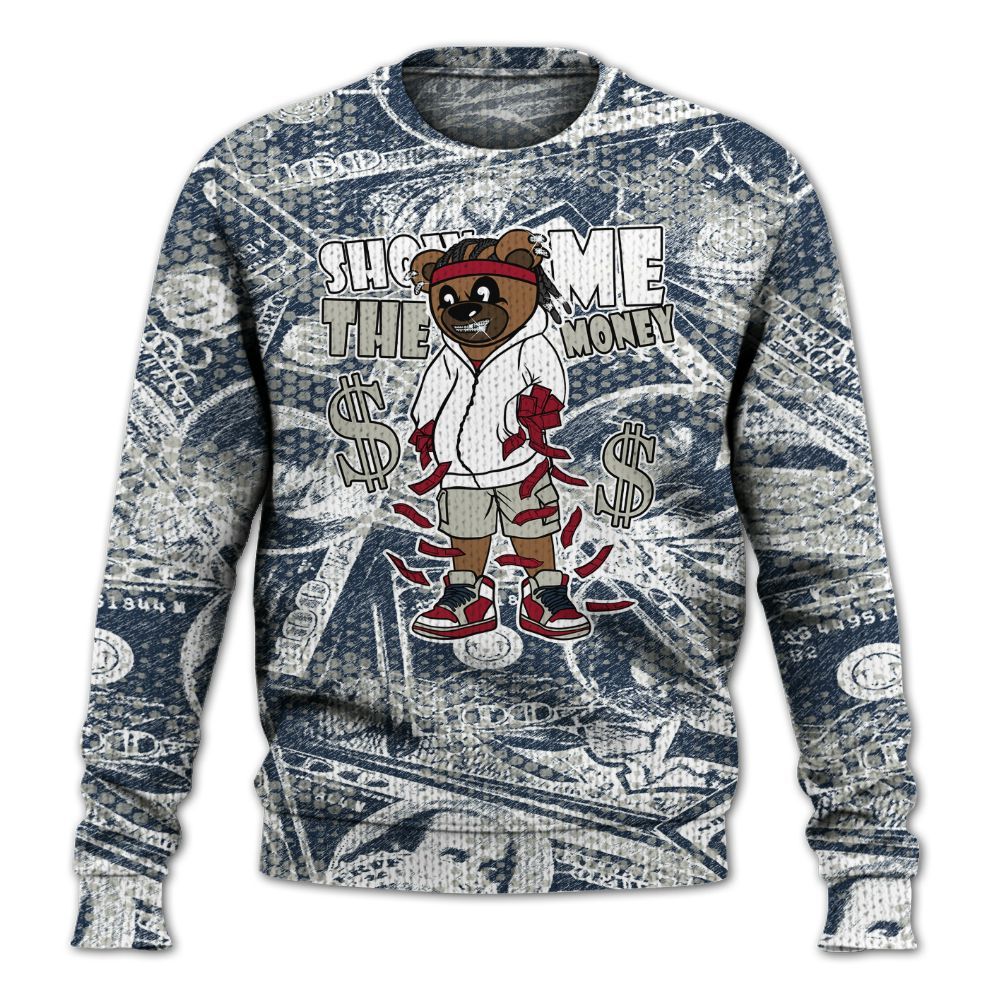 Knitted Sweater To Match White Midnight Navy 6s - Show Me Bear Banknotes Art