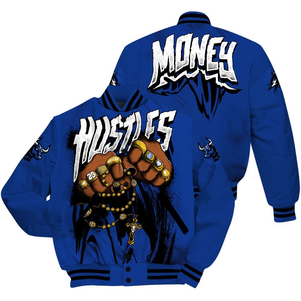 Varsity Jacket To Match Air Foamposite One Royal - Hustle Make Money All Over Print