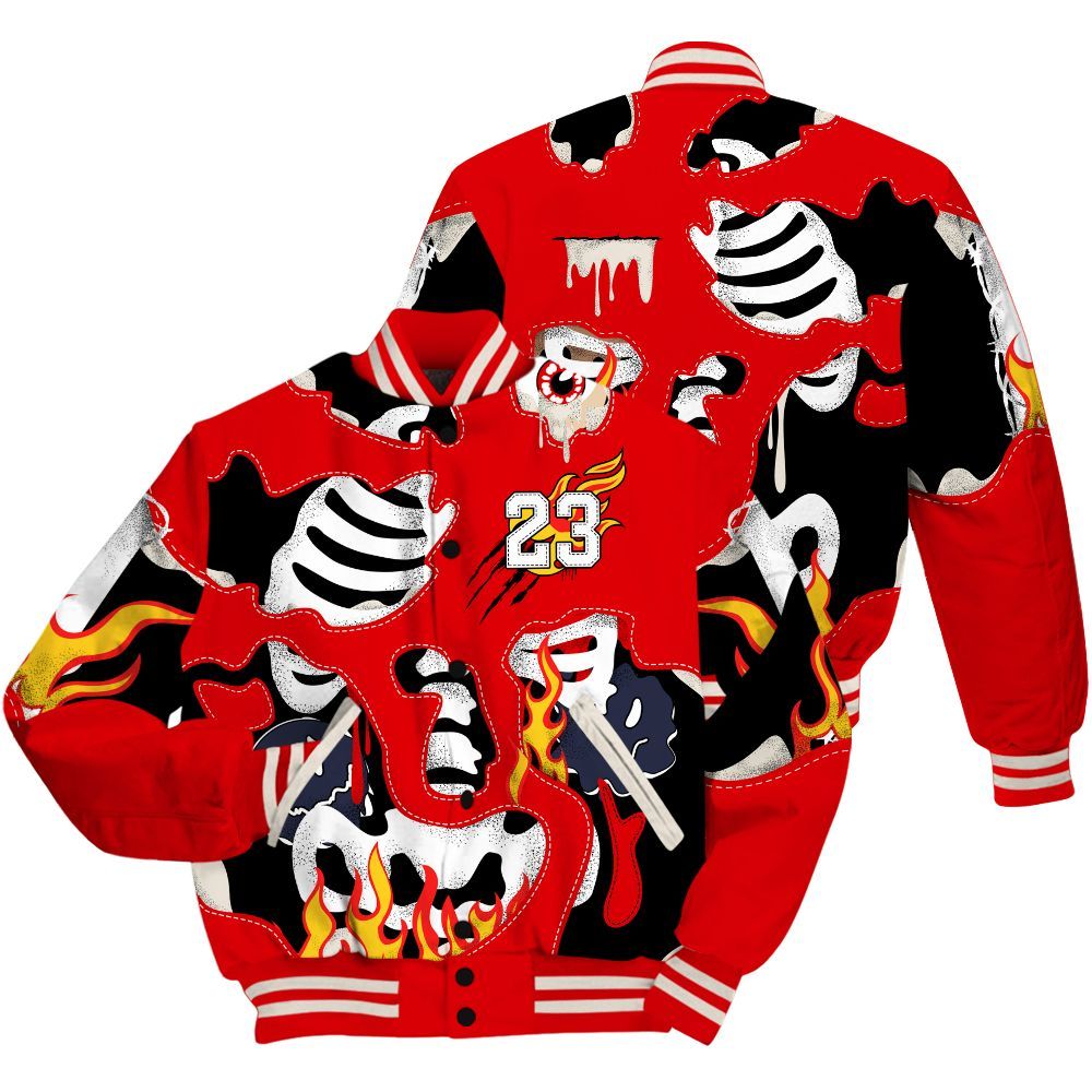 Varsity Jacket To Match Low OG Howard University 1s - Skeleton Smile Flame Drip All Over Print