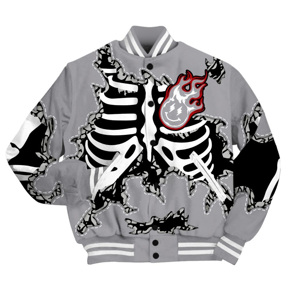 Varsity Jacket To Match Cement Grey 3s Shirt, Skeleton Smiley Face All Over Print