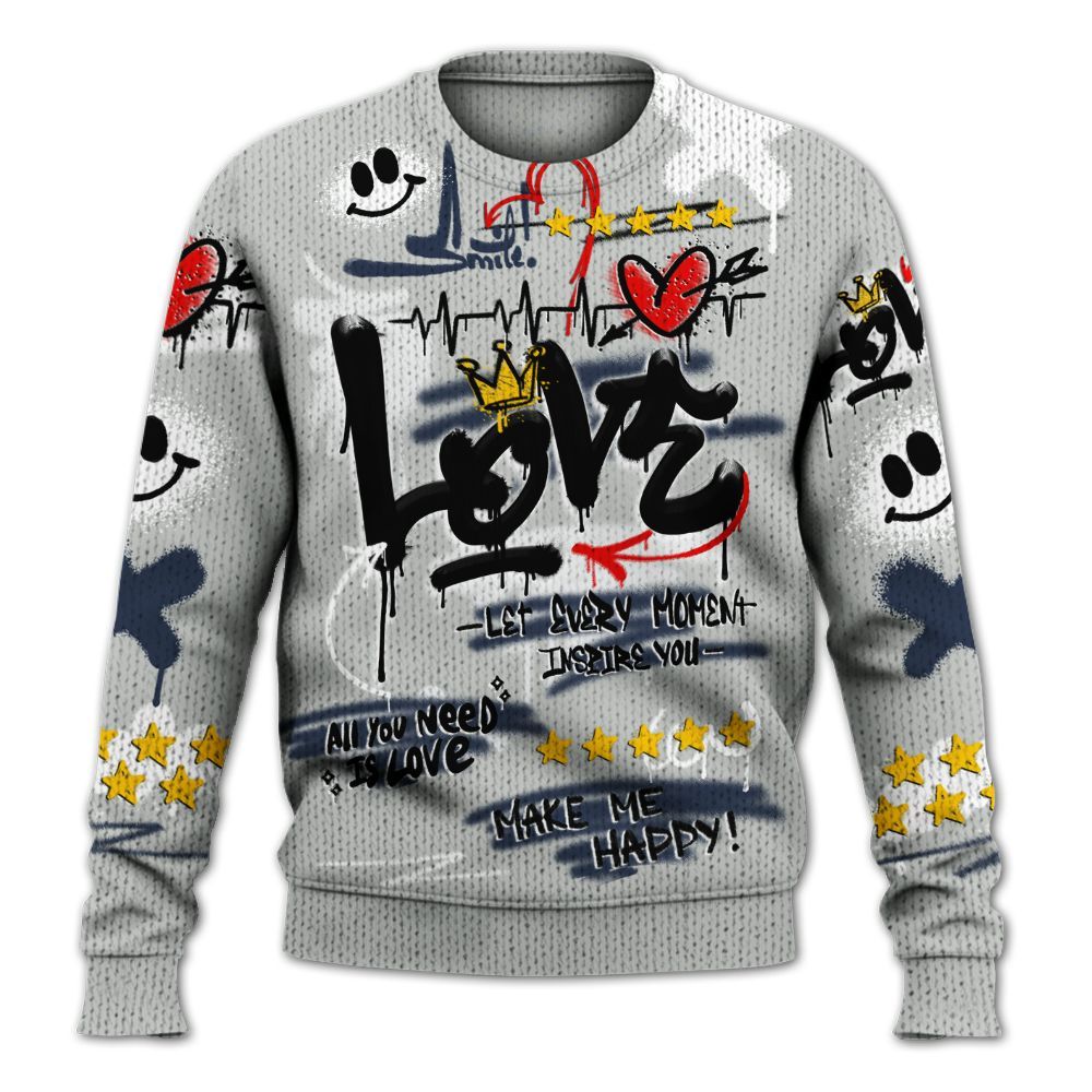Sweater To Match Low Navy Grey Gum 1s - Happy Love Beats Graffiti Graphic