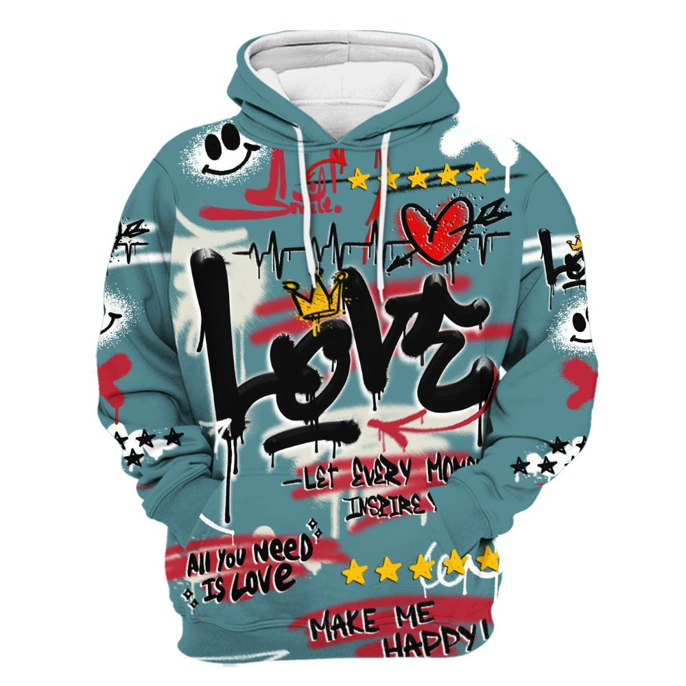 Hoodie To Match Dunk Low Denim Turquoise Royal - Happy Love Beats Graffiti Streetwear All Over Print