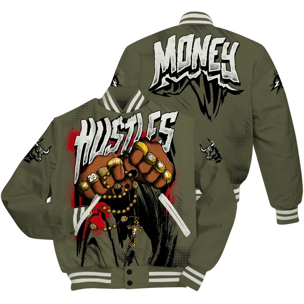 Varsity Jacket To Match Travis Scott Low OG Medium Olive 1s - Hustle Make Money All Over Print