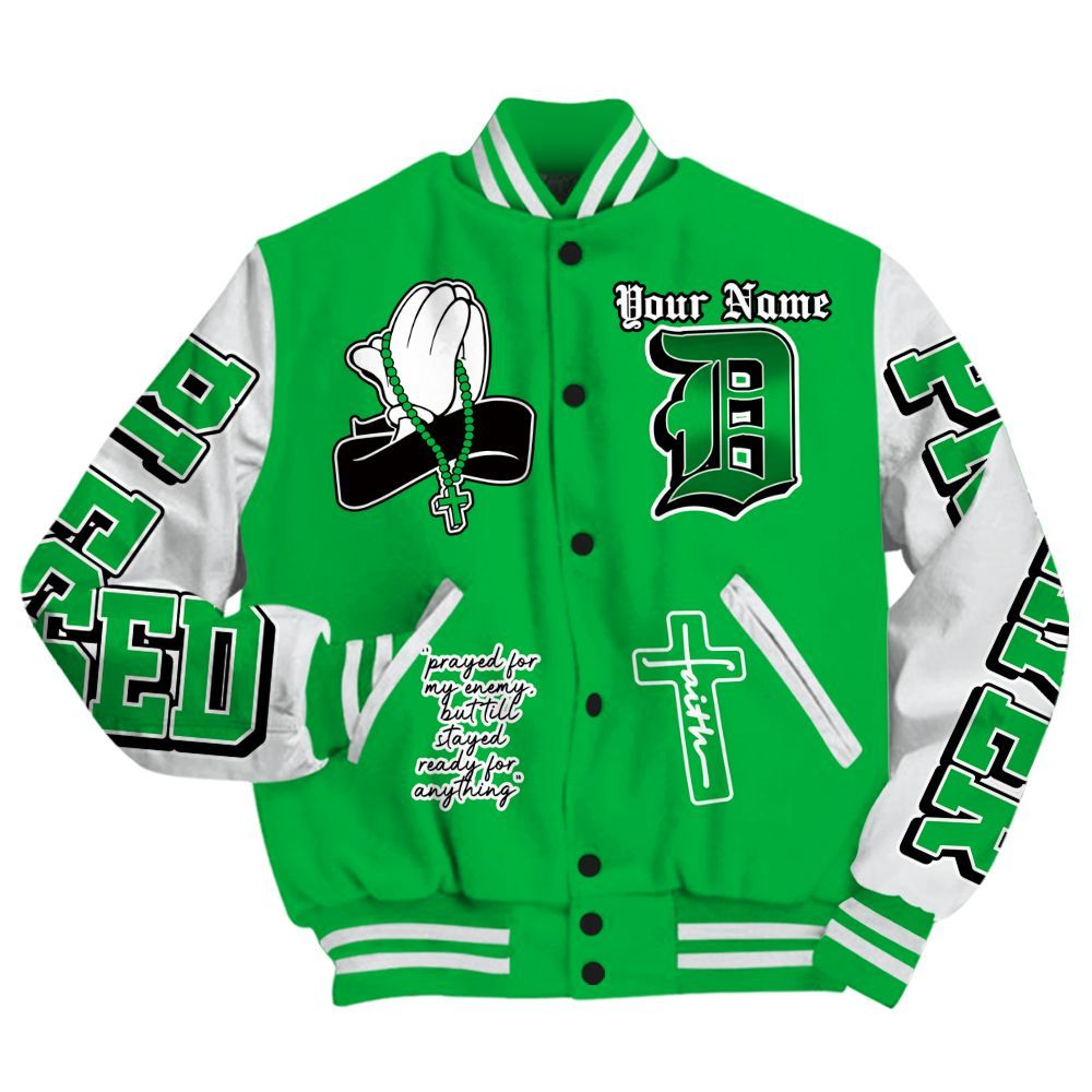 Varsity Jacket To Match Lucky Green 5s - Prayed For Enemies Graphic Custom Name All Over Print