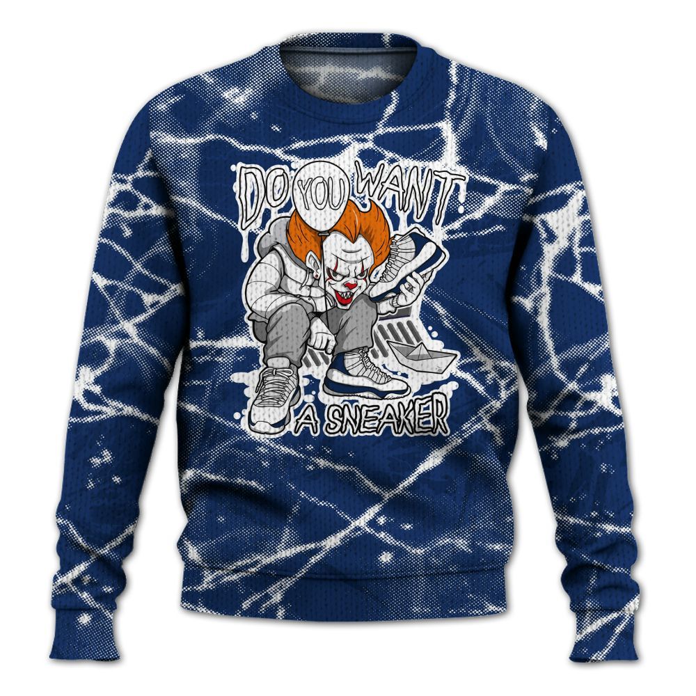 Knitted Sweater To Match High OG Deep Royal Blue 1s - Clown Scary Sneakers Halloween Graphic