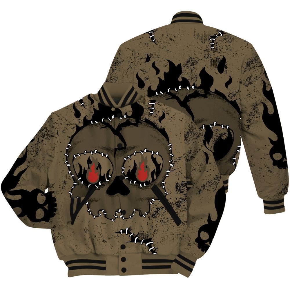 Varsity Jacket To Match Olive 9s Shirt, Cracked Skull Stitches All Over Print