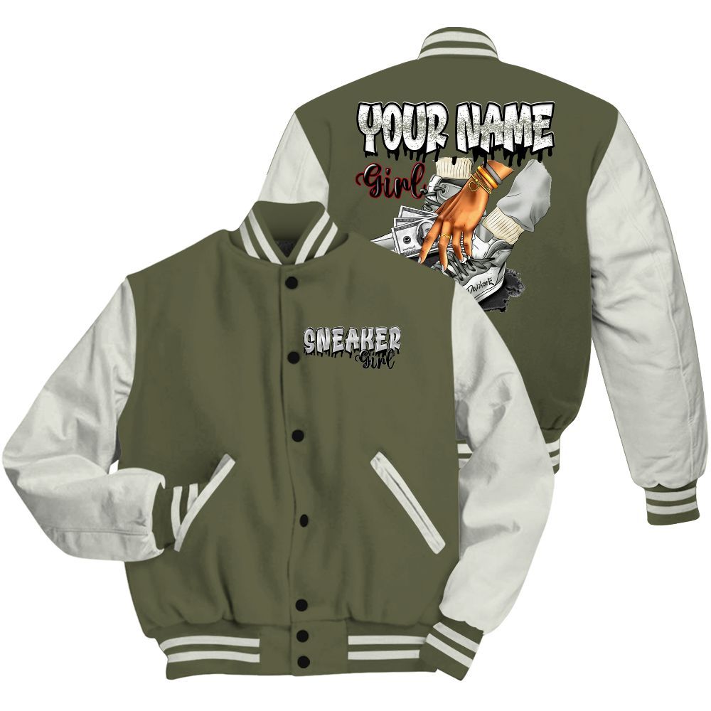 Varsity Jacket To Match Low OG Medium Olive 1s - Custom Name Sneaker Girl Money All Over Print