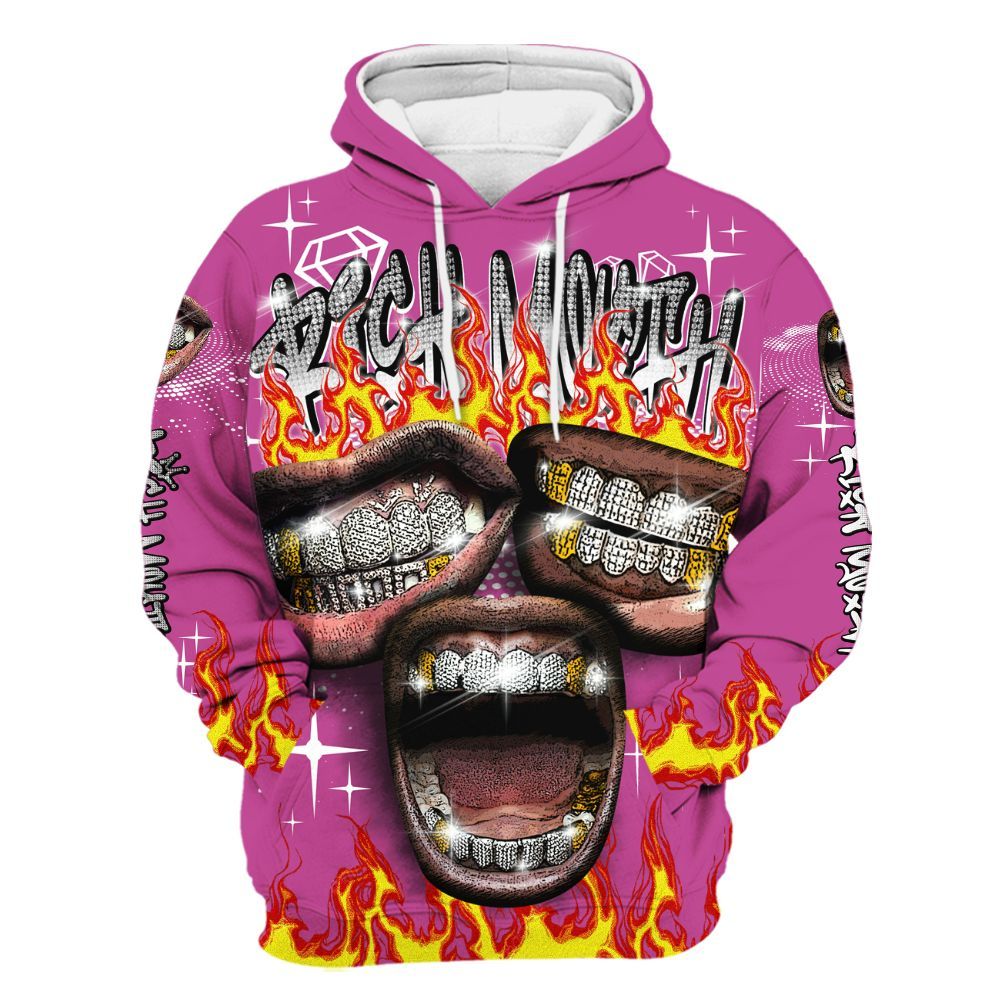 Hoodie To Match Dunk Low Active Fuchsia - Rich Mouth Fire Rap Retro 90s All Over Print