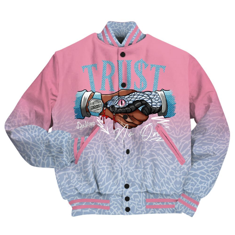 Varsity Jacket To Match Denim Pink Glow 3s - Trust No One Drip All Over Print