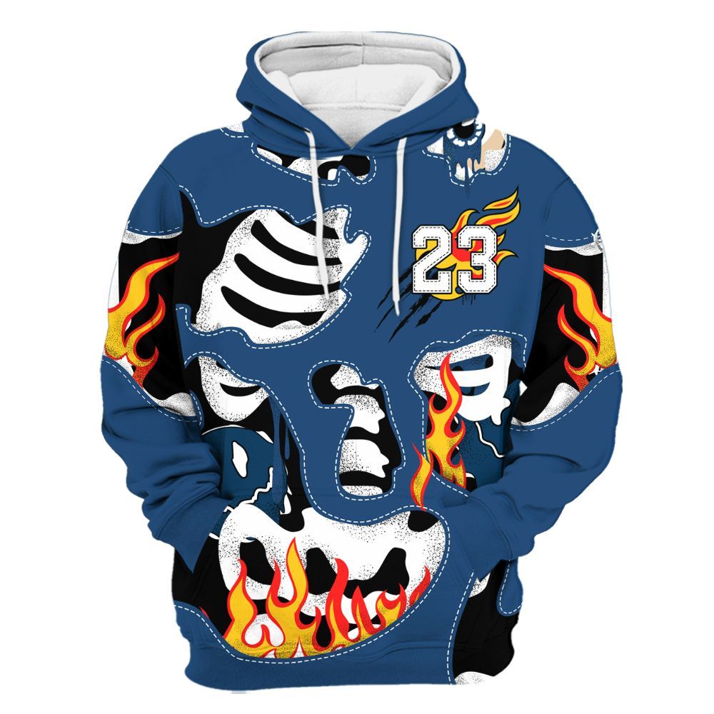 Hoodie To Match High OG Midnight Navy 1s - Skeleton Smile Flame Drip All Over Print