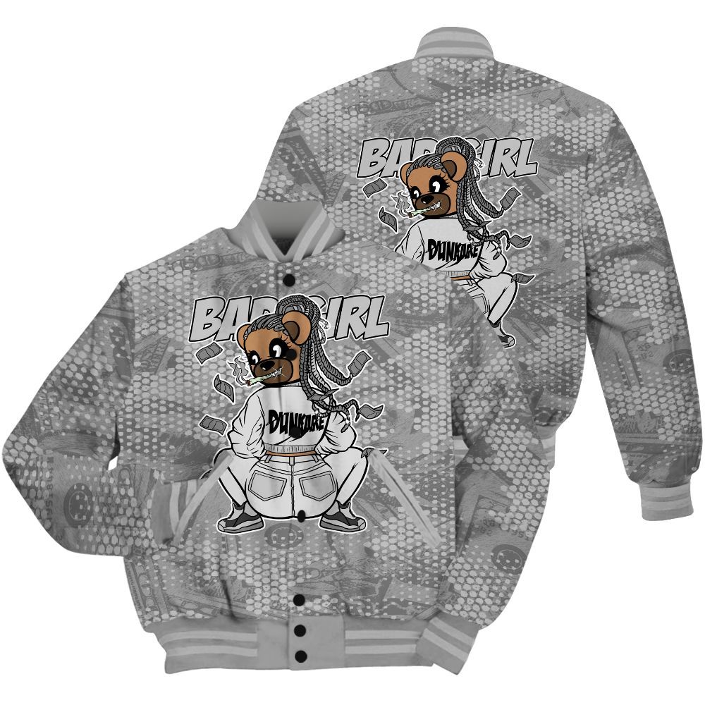 Varsity Jacket To Match Black Wolf Grey 12s Shirt - Rebellious Girl Bear Banknotes Art All Over Print