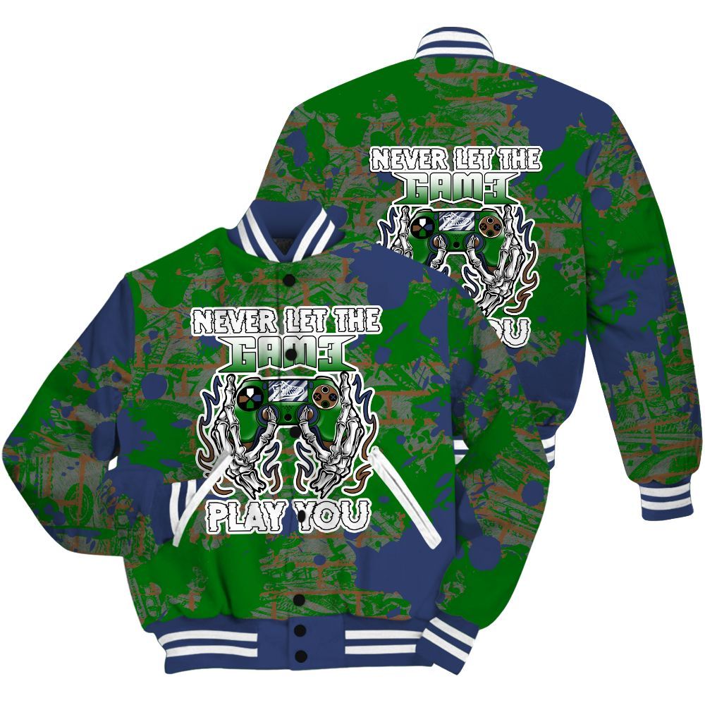 Varsity Jacket To Match Midnight Navy 13s Shirt - PlayGame Skull Brick All Over Print