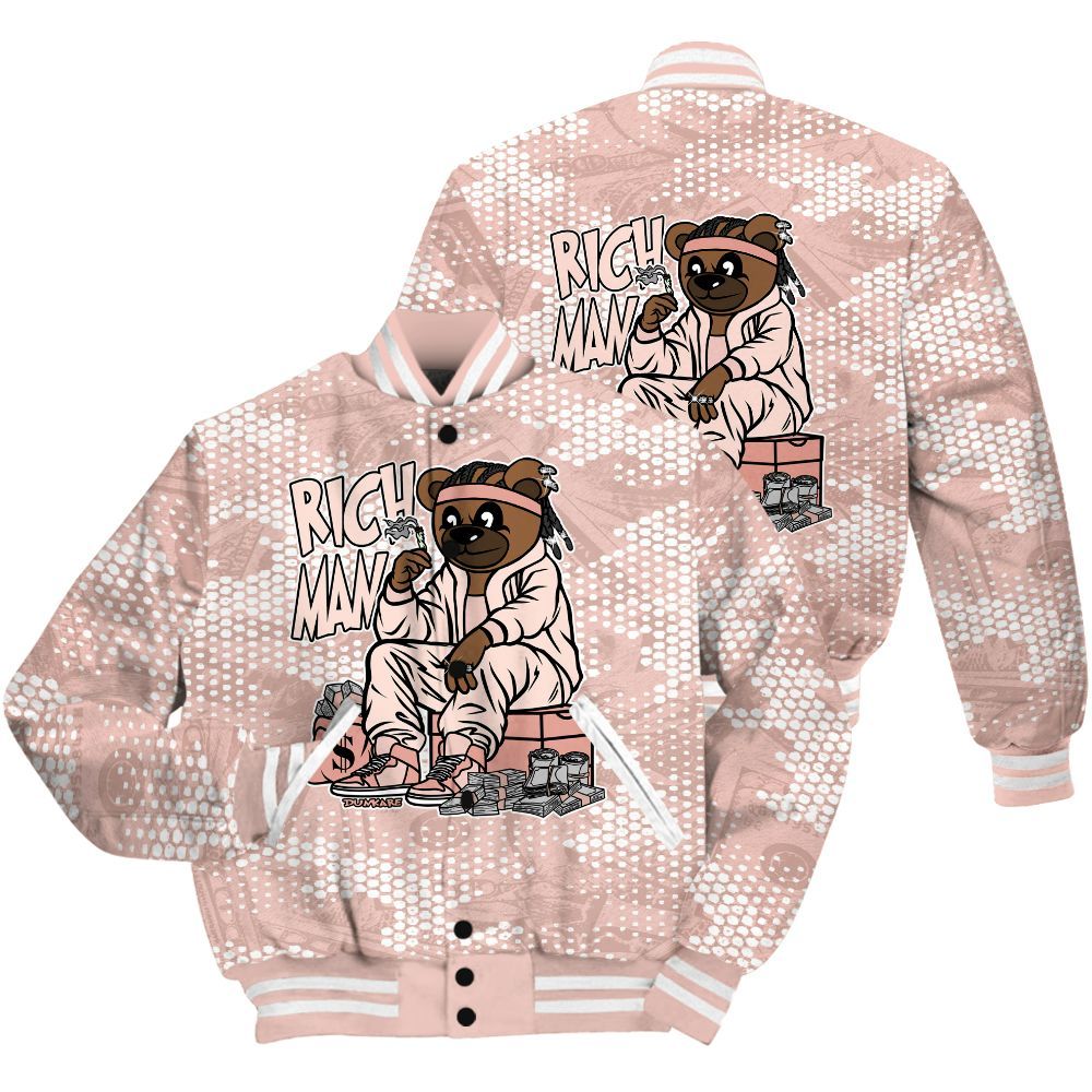 Varsity Jacket To Match Low Legend Pink 11s Shirt - Rich Man Bear Banknotes Art All Over Print