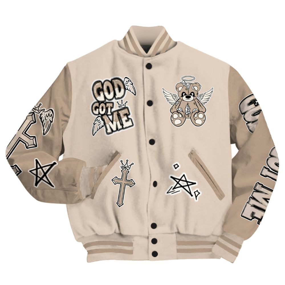 Varsity Jacket To Match Untouchable And Moments Cream - Gods Guides Me Bear All Over Print